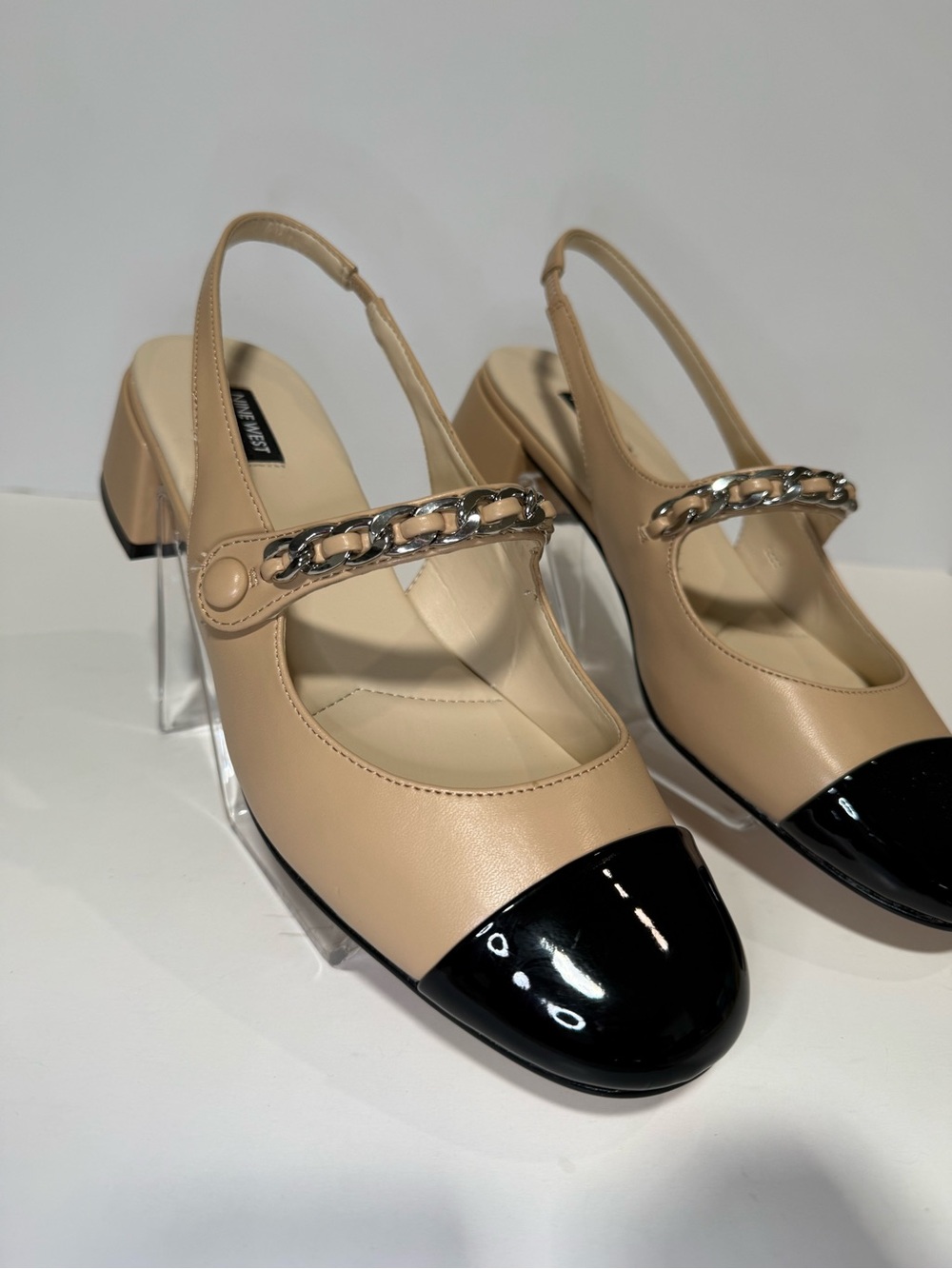 Nine West Beige Slingback Flats with Black Patent Cap-Toe and Chain